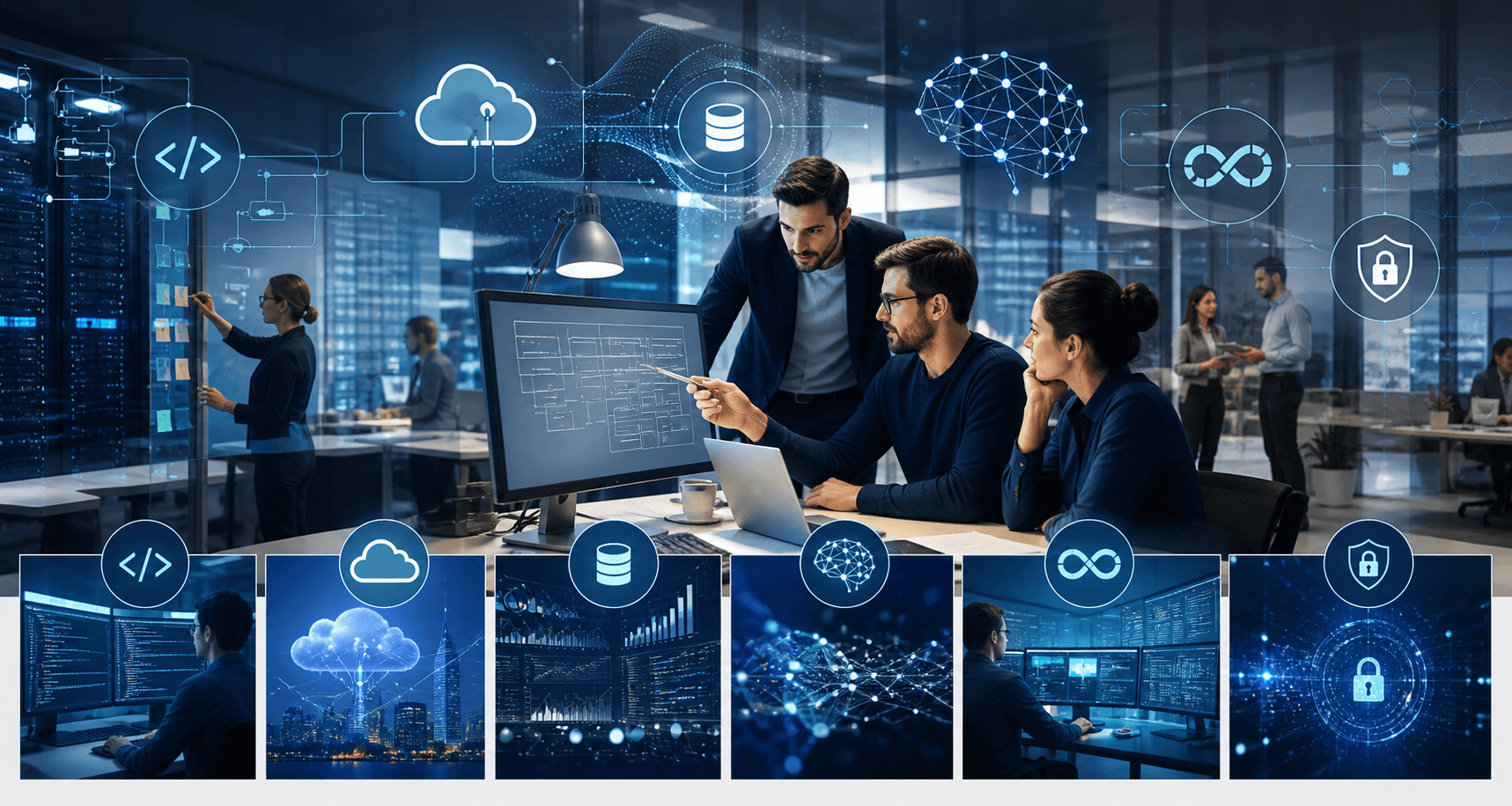 Consultants IT travaillant sur des expertises cloud, data, IA, DevOps et cybersécurité